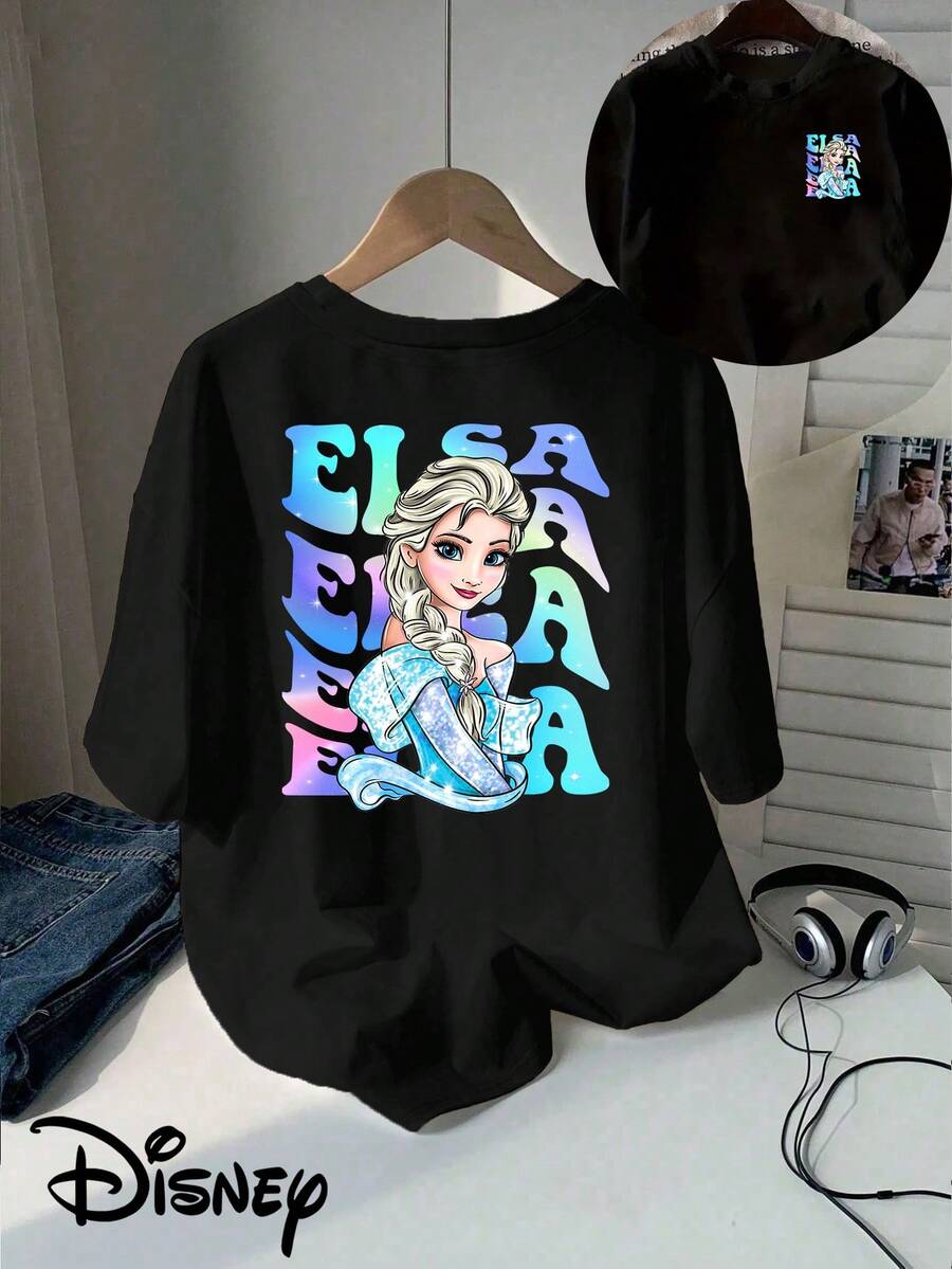 Disney Elsa Double-Sided Printed T-Shirt, Short-Sleeved Round Neck Casual Top, Suitable For Summer And Spring, Short-Sleeved Top, Women'S Clothing - màu đen - Xem 1