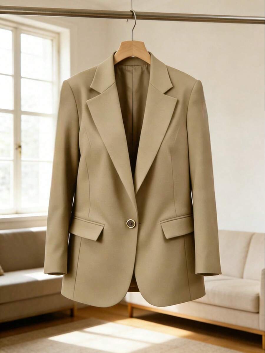 Zalla Blazer Feminino Plus Size com Bolsos Flap e Fecho Frontal – Alfaiataria Elegante - Bege - Visão 1