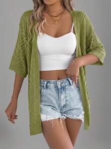 Summer New Hollow Out Short Sleeve Knit Cardigan, Vacation Beach Cover Up Thin Jacket For Women - Green - View 4