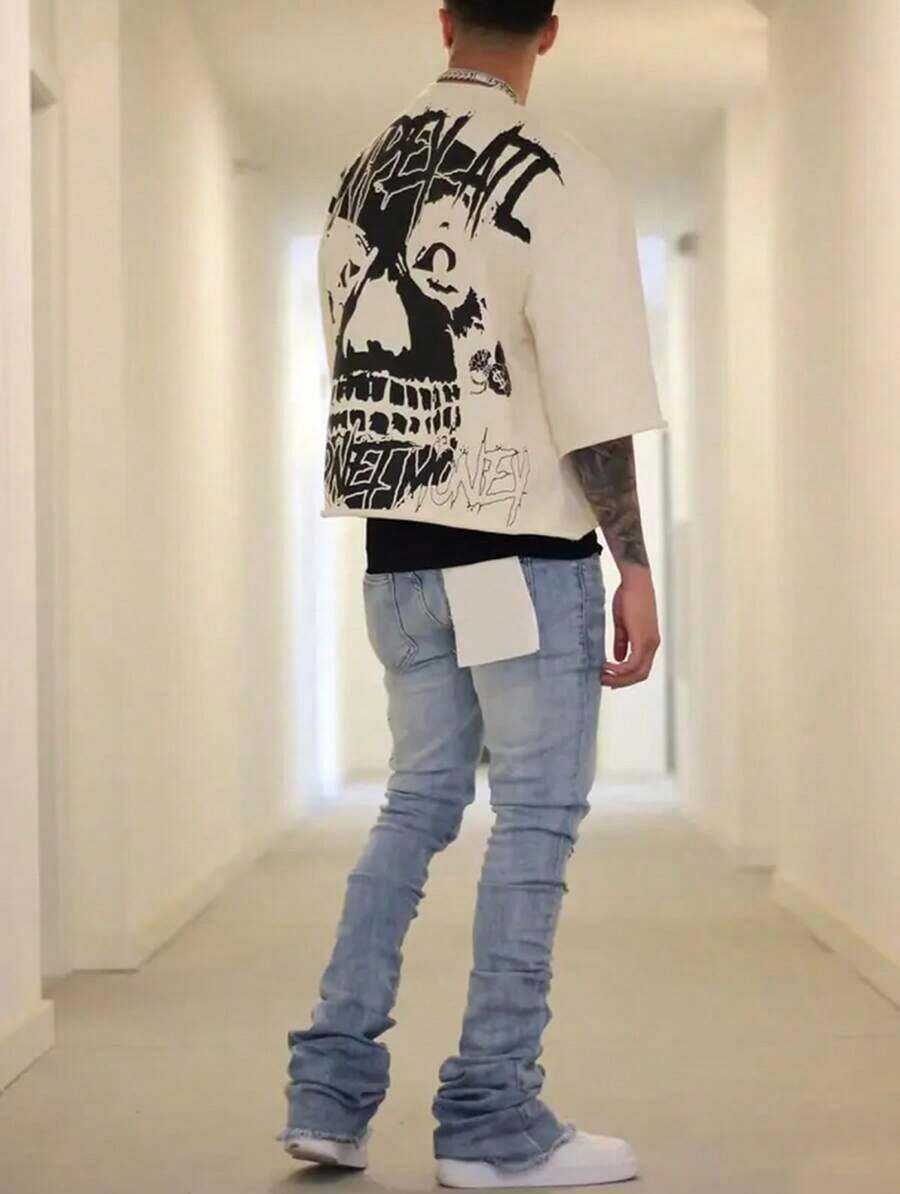 Y2K Style, Directional Printing, Cotton T-Shirt - Soft, Breathable, 100% Pure Cotton Fabric - Comfortable And Energetic Summer Street Style Short-Sleeved T-Shirt, Cool Design, Retro Summer Men's Daily Wear T-Shirt - 杏色 - 查看 1