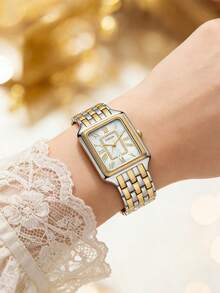 Fossil Reloj de pulsera de mujer con esfera rectangular de nácar con números romanos, de dos tonos, con cadena de metal, de cuarzo, de moda, adecuado para uso diario casual, citas, fiestas y otras ocasiones - Plata + oro - Ver 1