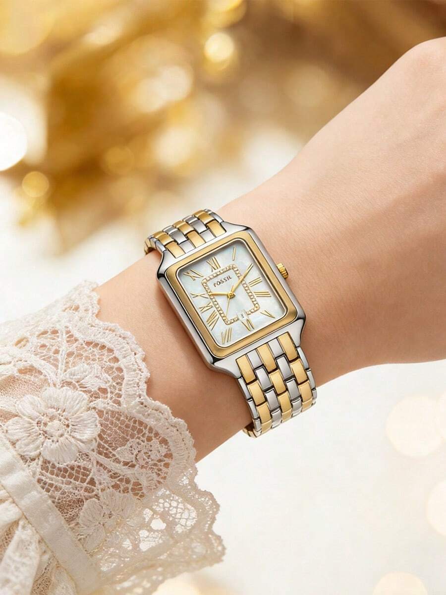 Fossil Reloj de pulsera de mujer con esfera rectangular de nácar con números romanos, de dos tonos, con cadena de metal, de cuarzo, de moda, adecuado para uso diario casual, citas, fiestas y otras ocasiones - Plata + oro - Ver 1