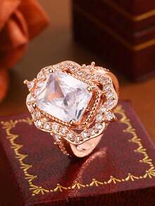 Elegant Rose Gold Hollow Four-Claw Square Synthetic Cubic Zirconia Ring, Wedding & Party Jewelry Gift For Women - White - View 3