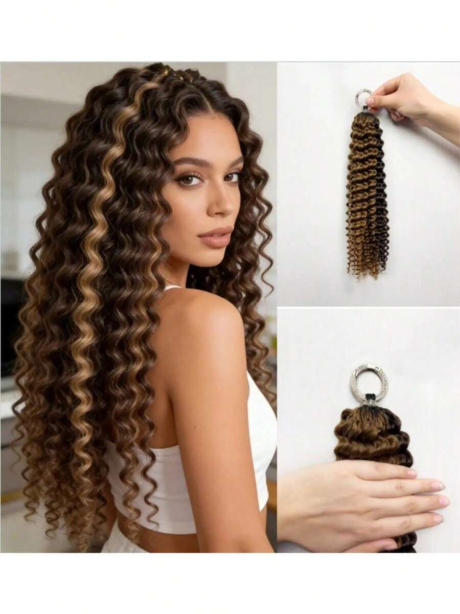 Tóc móc sợi tự nhiên, dài 16 inch, 60g, 100 sợi, kiểu sóng sâu, đã được tách sẵn, kiểu tóc móc sợi lông vũ, tóc nối móc sợi sóng sâu, màu mật ong.
