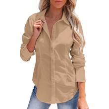 Women's Button-Up Shirt, Long-Sleeved, Solid Color, Versatile, Office-Style, Elegant Blouse - Camel - View 7