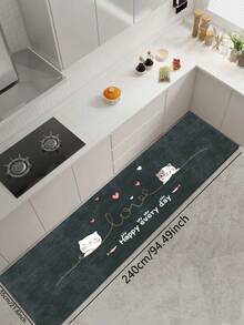 1 tấm thảm bếp bằng gel silica, màu xám đậm với họa tiết mèo hoạt hình dễ thương, trang trí bằng trái tim hồng trắng, cá hồng, chữ viết tay màu vàng "Love" và "Happy Every Day", phong cách ấm áp và thư giãn, thảm bếp sang trọng thời trang với bề mặt êm ái và thấm hút tốt. - Nhiều màu - Xem 16