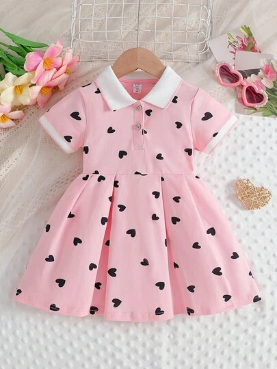 Young Girl' Polo Collar Heart Print Short Sleeve Dress, Summer