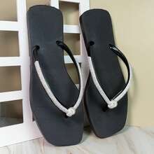 Women's Comfortable Black Square Toe Flip-Flop Sandal With Rhinestone Strap And Bow - Black - View 2