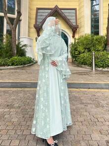 Plus Size Lace Abaya Set, Includes Slip Dress, 2 Pieces Set, Elegant & Dignified Abaya With Lace Inlay Fall - Mint Green - View 6