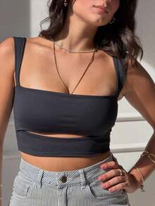 MABELDE Cropped Top, Square Neckline, Wide Thin Straps With Asymmetrical Cut, Elegant Polyamide, Asymmetrical, Evening Wear. - Black - View 2
