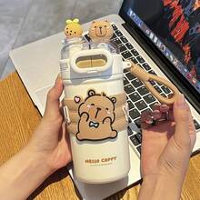 Cute Capybara Insulated Kids Water Bottle, 17oz 316 Stainless Steel Leak Proof 2-In-1 Dual Lid Straw Cup With Portable Handle, Cartoon Tumbler For Toddlers Boys Girls School Travel Outdoor Use - 彩色 - 查看 8