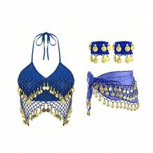 一套手工亮片串珠流苏吊带背心，搭配多色金属面料闪光腰裙；一对多色人像金属硬币雪纺手链；适合肚皮舞表演、派对、海滩、波西米亚复古风格。 - 彩色 - 查看 11