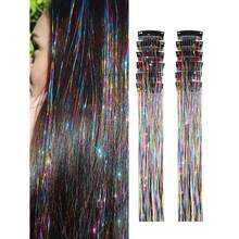 12pcs Holographic Glitter Hair Extensions With BB Clips, Shiny Colorful Hair Streaks, Sparkly Hairpieces For Music Festival & Concert - 1 - 查看 2