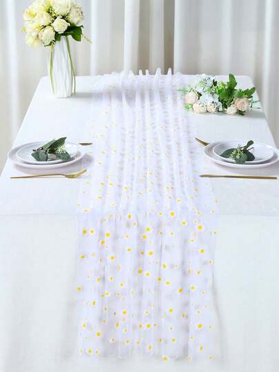 1pc Daisy Mesh Table Runner, Baby Shower Party Tablecloth, Gender Reveal Party Table Decoration, For Newborn Boy Girl Party Decor,Baby Shower Decor, Wedding Party Decor, Baby Shower Family Gifts, Home Decor, Kitchen Dining Table Runner, Rustic Floral Table Runner, Baby Shower Supplies, Party Decoration Accessories, Photography Props, 1st Birthday Party Decor, Boho Baby Shower Decor, Table Centerpiece Decor, Party Favors,Decor For Home