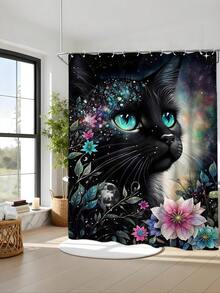 1/4pcs Teardrop Black Cat Floral Print Shower Curtain Set, Includes Shower Curtain, 12pcs Hooks, Anti-Slip Mat, U-Shaped Mat, Toilet Lid Cover, Thick Waterproof Mildew-Resistant Polyester - A - View 9
