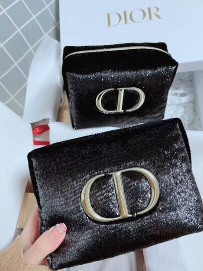 Dior Luxury Black Velvet Cosmetic Bag, Matching CD Gold Logo Handbag, High-End Portable Toiletry Bag, Multifunctional Women Handbag
