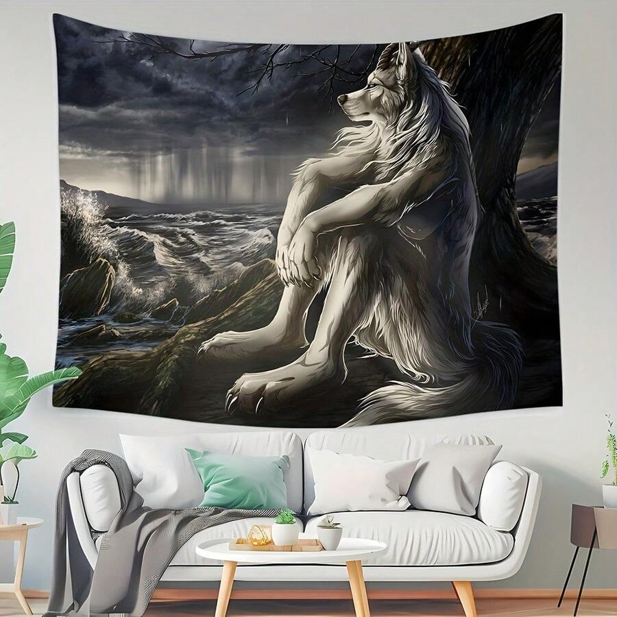 Emo White Wolf Tapestry - Funny Alpha Sigma Beta Design, Indoor Wall Hanging For Bedroom Decor, Soft Brushed Fabric, Horizontal Orientation, Wolf Decor - 1PC - View 1
