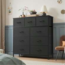 Sweetcrispy 9 Tall Fabric Clothes Cabinet Storage Organizers And Wood Top Surface Table Chest Of Drawers, 9 Drawer Dresser,Grids Grid Cabinet  Fabric Storage Tower For Bedroom, Hallway, Entryway, Closet, Tall Chest Organizer Unit With Fabric Bins, Steel Frame, Wood Top, Easy Pull Handle, Charcoal - 黑色 - 查看 1