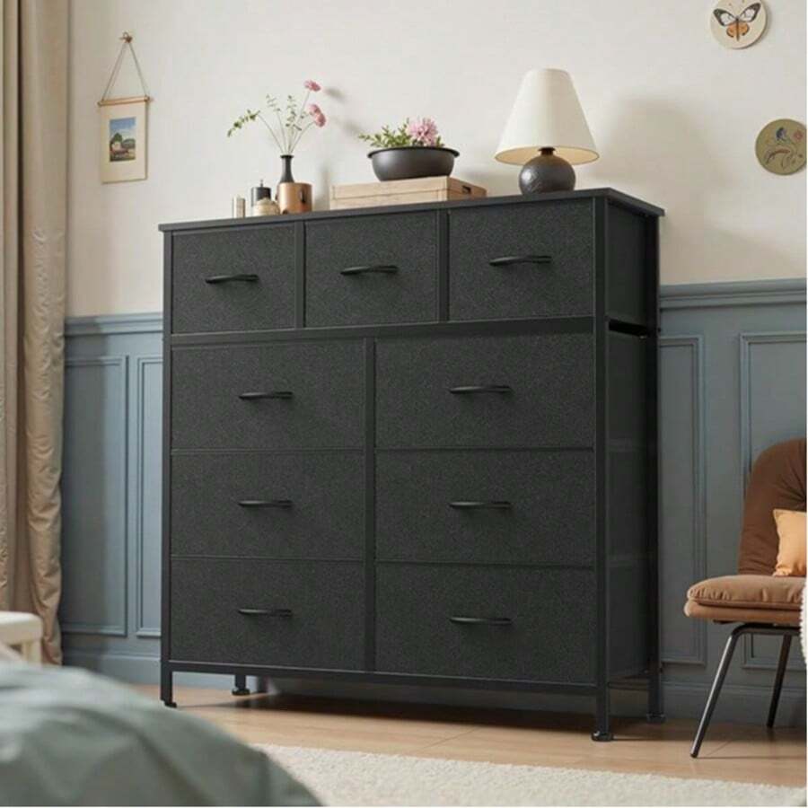 Sweetcrispy 9 Tall Fabric Clothes Cabinet Storage Organizers And Wood Top Surface Table Chest Of Drawers, 9 Drawer Dresser,Grids Grid Cabinet  Fabric Storage Tower For Bedroom, Hallway, Entryway, Closet, Tall Chest Organizer Unit With Fabric Bins, Steel Frame, Wood Top, Easy Pull Handle, Charcoal - 黑色 - 查看 1