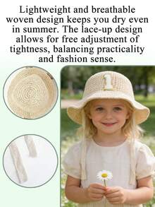 白色数字图案女童草帽，清新甜美，圆顶蕾丝系带草帽，小渔夫帽，防晒，适合春夏、海滩、乡村风格，平檐，遮阳，25℃及以上 - 彩色 - 查看 4