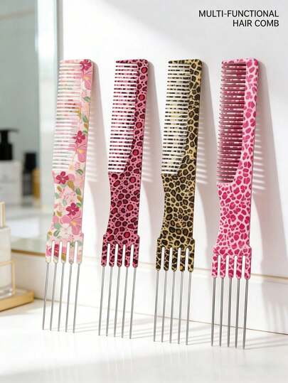 Peine resaltador de acero, peine de 5 púas, peine para coloración del cabello, peine con púa puntiaguda para estilistas con patrones florales y de estampado de leopardo disponibles