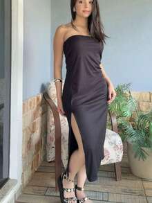 Aruana Ribbed Midi Dress In Various Colors, Strapless With Side Slit – Body-Hugging Fit - Black - View 5