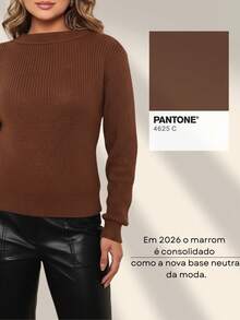 Women's Winter Knit Sweater Blouse, Long Sleeves, Fang Stitch, Round Neck - Rust Brown - View 5