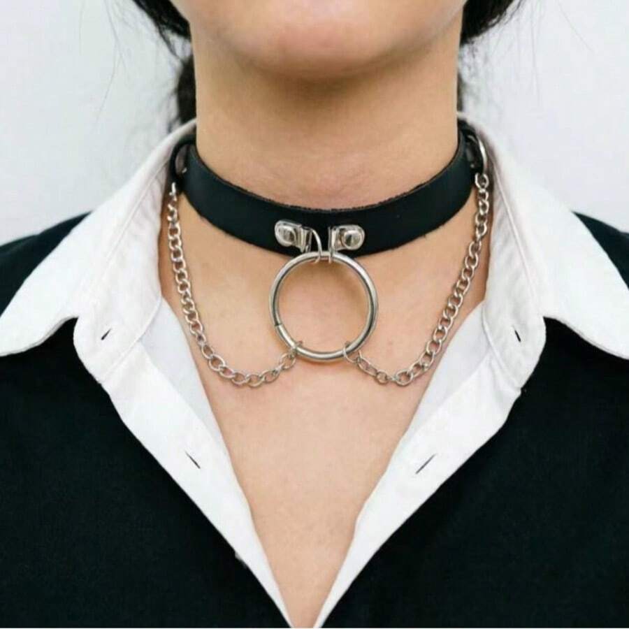 1pc Women's Fashion Leather Choker Style Necklace, Punk Style Necklace With Chain Collar Necklace, Rock Style Necklace, Bridal Jewelry - Black - View 1