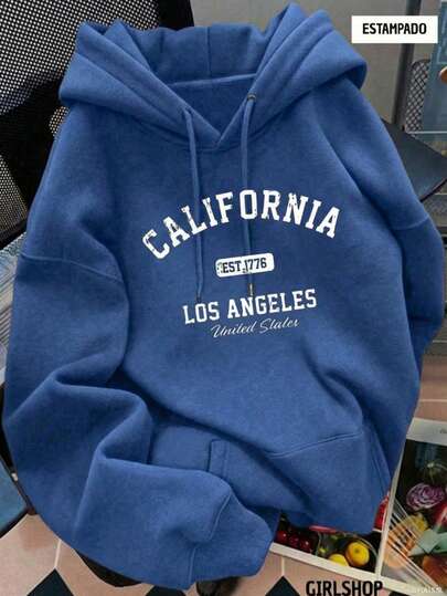 Sudadera con capucha para mujer estilo casual estampado de letras holgada cuello redondo manga larga otoño invierno uso diario hoodie