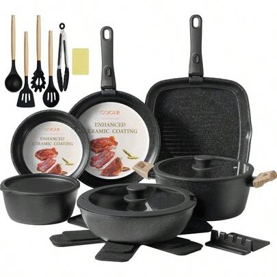 23Pcs Ceramic Cookware Set Non Stick Pots And Pans Set  With Detachable Handle Induction Kitchen Cookware Set Space Saving, Oven Dishwasher , Black