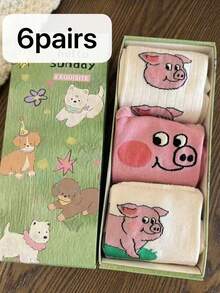 6 Pairs Random Cute Pink Pig Design Unisex Funny Cartoon Socks - Multicolor - View 8