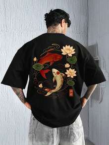 Men's FRACTYR Minimalist Fashionable Summer Carp Print Crew Neck Short Sleeve T-Shirt | Casual Streetwear Matching T-Shirt, Gift For Boyfriend/Husband - 黑色 - 查看 1