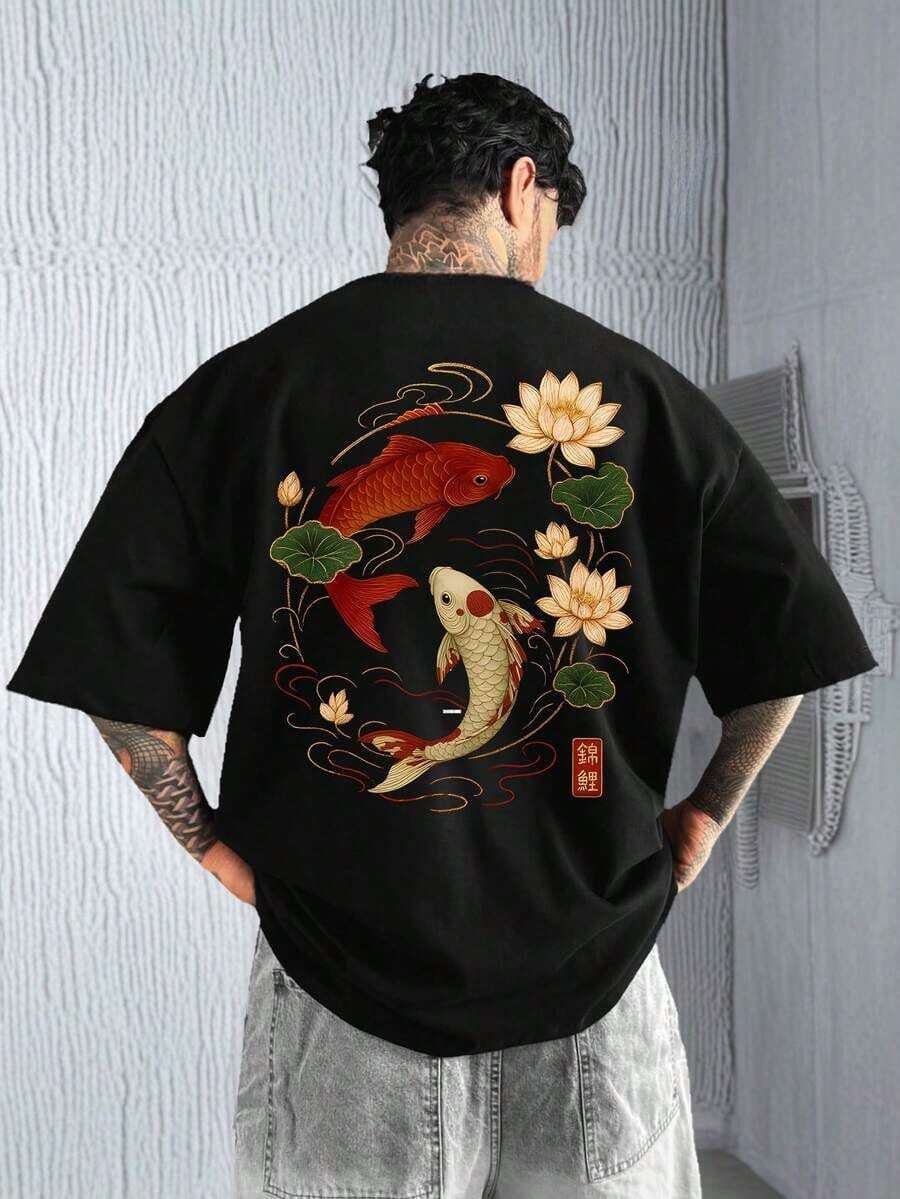 Men's FRACTYR Minimalist Fashionable Summer Carp Print Crew Neck Short Sleeve T-Shirt | Casual Streetwear Matching T-Shirt, Gift For Boyfriend/Husband - 黑色 - 查看 1