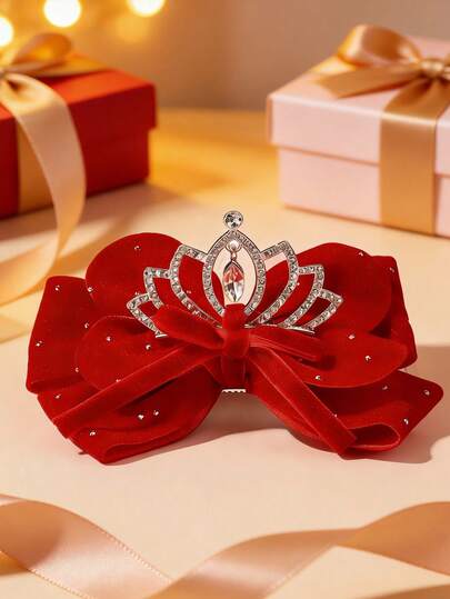 1pc Elegant & Cute Rhinestone Crown & Red Bow Hair Clip For Girls, Princess Versatile Hair Accessory For Daily, Festival, Party