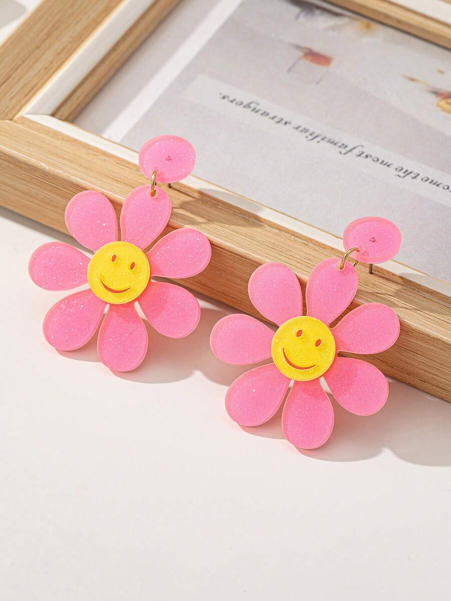 1 Pair Fashionable Elegant Pink Floral Earrings - Pink - View 1
