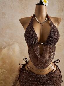 Women's New Spring/Summer 3 PiecesBeach Set, Halter Deep V Crochet Collar Design Bikini With Sheer Wrap Skirt, Suitable For Pool Parties, Music Festivals, Carnivals - Coffee Brown - View 4