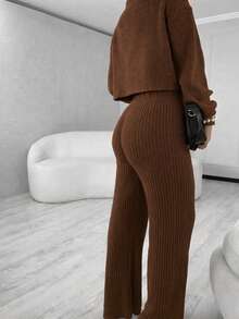Women's Knit Set With Turtleneck Blouse & Pants - Rust Brown - View 2