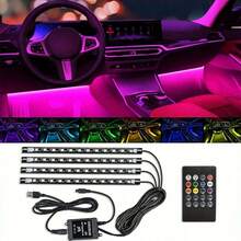 4pc LED Car Interior Light Kit (Foot Installation), 12V Room Connection Line Color Atmosphere Effect Can Be Controlled By APP, With Music Synchronization Effect - Car Party And Festival Outdoor Camping Atmosphere Effect, Suitable For Most Vehicles - 4-in-1 - View 1