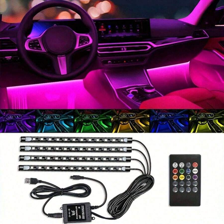 4pc LED Car Interior Light Kit (Foot Installation), 12V Room Connection Line Color Atmosphere Effect Can Be Controlled By APP, With Music Synchronization Effect - Car Party And Festival Outdoor Camping Atmosphere Effect, Suitable For Most Vehicles - 4-in-1 - View 1