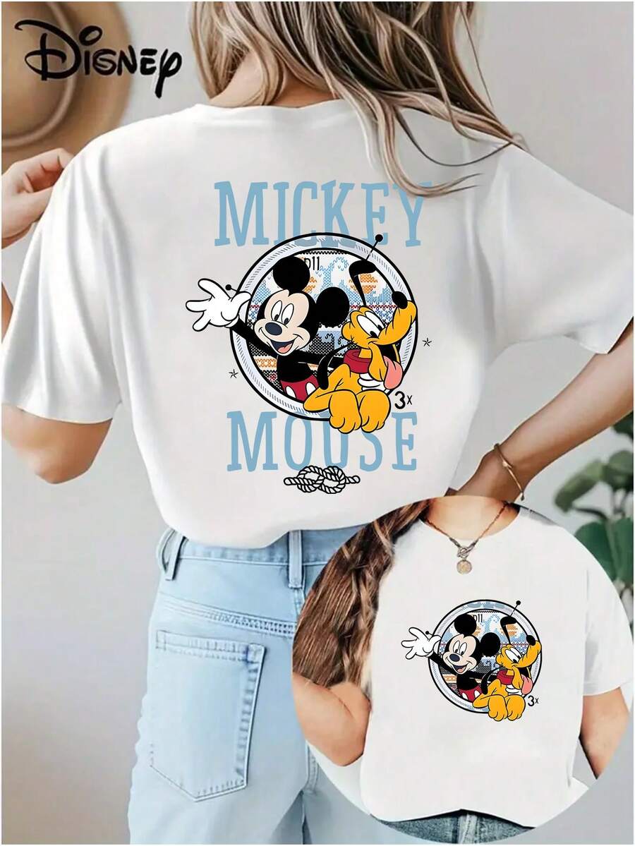 Soft Cotton Women's T-Shirt | Disney Mickey Mouse & Pluto Retro Graphic | Casual Summer Wear - 白色 - 查看 1