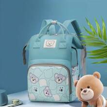 Fashionable Cartoon Bear Backpack, Large Capacity Lightweight Travel Maternity Backpack, Bottle Storage Bag, Cute Bear Pattern Large Capacity Convenient Backpack, Stroller Hanging Bag, Maternity Bag, Milk Bag - Green - View 3