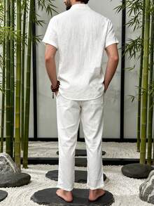 Fashionable Men's Handcrafted Mandarin Collar Shirt With Solid Color Pants, Minimalist Business Casual Chinese Style Outfit, Summer New 2 Pieces Set - White - View 2