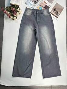 Women's Y2K Washed Vintage Wide Leg Jeans, Casual Vacation Style Spring - Gray - View 7