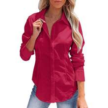 Camisa de mujer con botones, de manga larga, de unicolor, versátil, de estilo de oficina, blusa elegante - Rojo - Ver 12