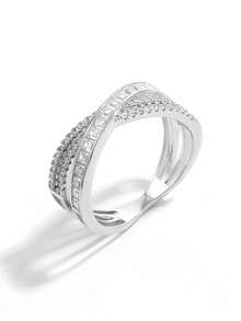 Jessie Jewelry 1件優雅閃耀獨特925純銀立方鋯石雙石十字X型設計女戒，約會魅力禮物 - 銀色 - 查看 4
