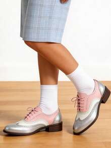 Comfortable Womens Classic Oxfords Lace Up Chunky Heel Oxfords Business Formal Wingtip Brogue Dress Shoes For Women - Hồng - Xem 9