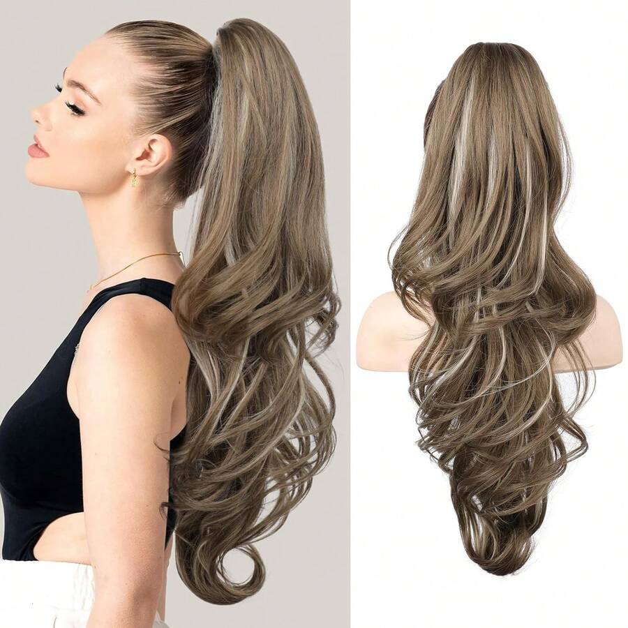 Extensión de Cola de Caballo FLUFYMOOZ, 66 de largo, ondulada y rizada, con clip de sujeción, postizo sintético para mujer - rubio dorado con reflejos. - Rubio castaño ceniza medio - Ver 1