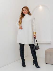 Women's Longline Knit Sweater With High Neck, Oversized Modal Fabric, Winter 3RD SD3035 - White - View 2