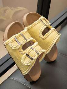 1 Pair Girls' Soft Sole Non-Slip Hook And Loop Strap Sandals, Fashionable Flat Open Toe Comfortable Versatile Outdoor Slippers, Suitable For Summer - Kuning - View 6