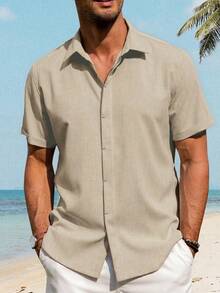 Mens Linen Shirt Classic Button Down Shirt Lightweight Casual Short Sleeve Blouse Holiday Summer Tops With Pocket - 卡其色 - 查看 2